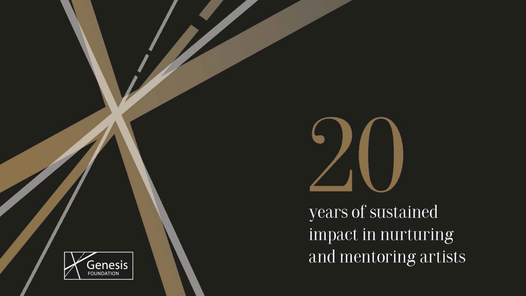 A graphic with a dark grey background. On the left are faded white and gold diagonal lines crossing at the same point. On the right is the text '20 years of sustained impact in nurturing and mentoring artists'. In the bottom left corner is the Genesis Foundation logo.