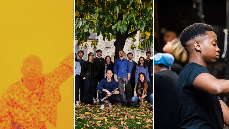 The image is split into three smaller images horizontally. To the right is portrait photo of Chiizii, she has buzzed hair and is wearing glasses and a patterned shirt. The photo has an orange overlay. In the middle is a group photo of Corvus Consort. They are stood outside on grass with autumn leaves on the ground, beneath a tall tree. To the right is a photo of a person with short black hair and a black t shirt holding something which is off camera. They are looking downwards at the object they're holding. Behind them are two other people wearing black t-shirts facing away from the camera.