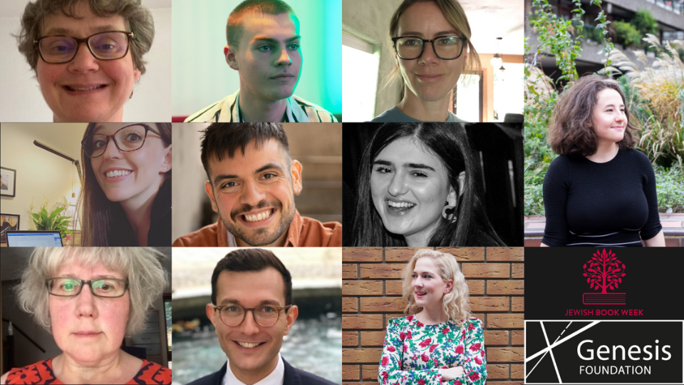In a grid are 10 portrait photos of each writer of the Genesis Jewish Book Week Emerging Writers 2022 to 2023 cohort. In the bottom right corner of the grid is the Jewish Book Week logo, and underneath it the Genesis Foundation logo.