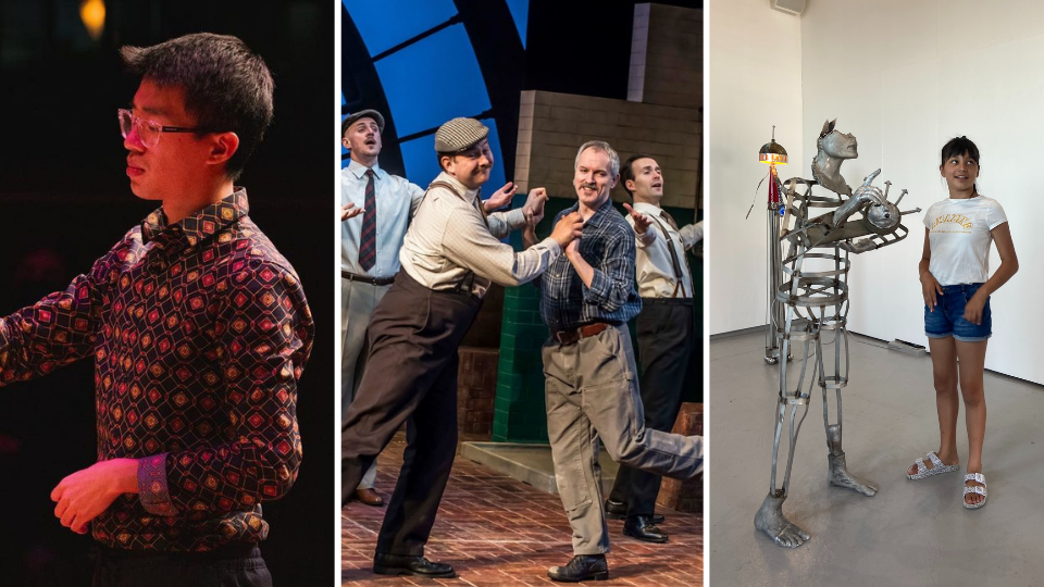 Left to right: A conductor in action with short black hair and wearing a checked shirt, 4 actors onstage with dressed in shirts, trousers, ties, and flat caps, and a metal sculpture in an art studio with a child stood next to it.