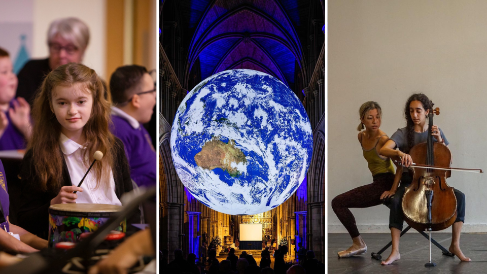 The image is split into three equal thirds. The left image: Inside a busy classroom with school pupils in school uniforms, an adult with medium length blonde hair and a purple top sits with a child with long brown hair at a table with musical instruments. The child is holding a drum stick for a drum in front of them. The middle image: Inside a large cathedral with tall ceilings and grand arches, a giant globe model of planet earth is suspended in the air, its glow lighting up the dark space around it. Below the globe is a crowd of people, silhouetted by the shadows the globe creates. The right image: Centred in the image is a cello player sat with their cello, and a dancer wearing ballet shoes is crouched beside them, looking downwards. Behind them is a plain grey wall.