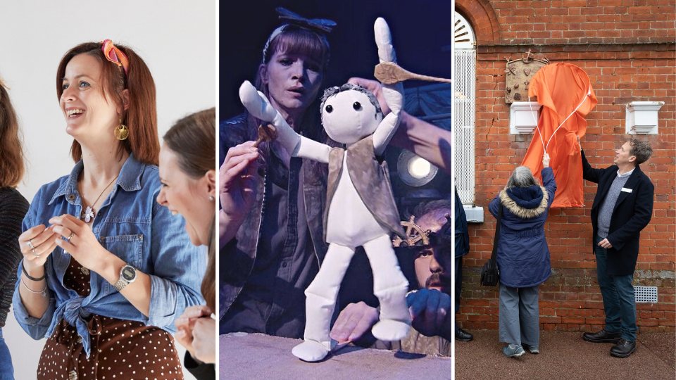 The image is split into three. On the left side is a photo of a group of women stood in front of a white wall, laughing with someone off camera. The middle is a photo of An actor holding a stuffed animal puppet on a table. The right is a photo of a group of people stood in front of a building with red bricks and white arched windows Either side of the group, statues beneath orange sheets are being unveiled. The group look either side of them at the statues.