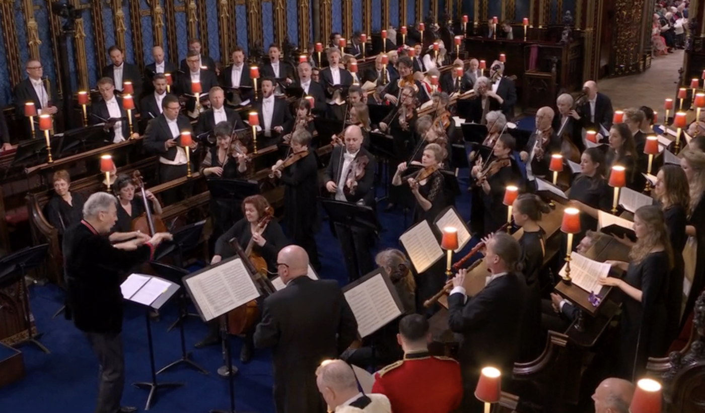 Inside Westminster Abbey, Sir John Eliot Gardiner is conducting the Monteverdi Choir and the English Baroque Soloists.