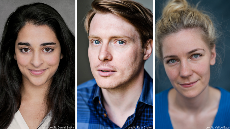 3 headshots of actors Natalie Dew, Mark Edel-Hunt and Anemone Rasmussen side by side.